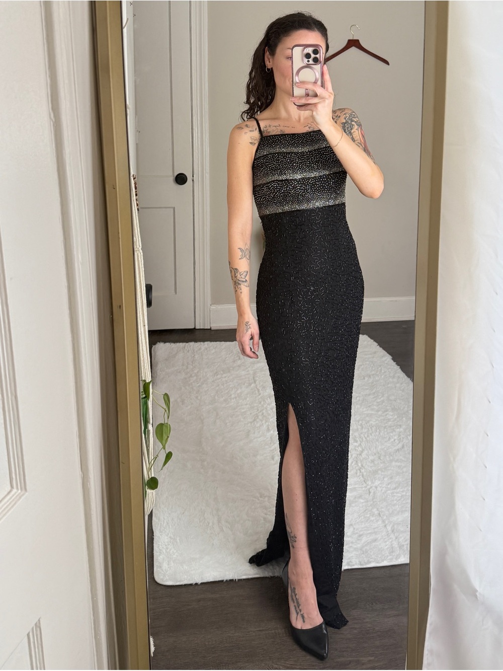 Rare XS Vintage 90s Beaded Silk Black Evening Gown with side slit and Sequins